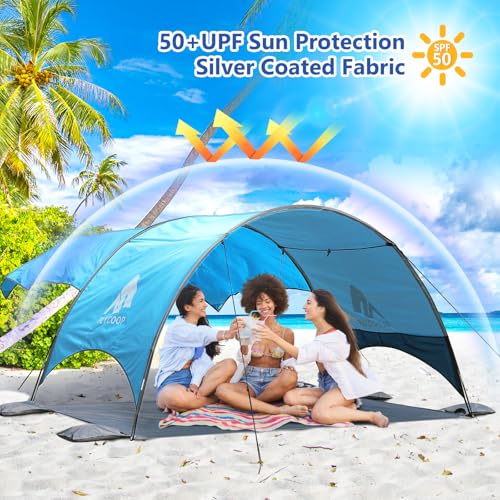 Flycoop 2026 Blue Beach Canopy Tent with Shade Sail - UPF 50+ Sun Shelter, 106x65x61 in, Portable Outdoor Shade for Family & Beach Trips