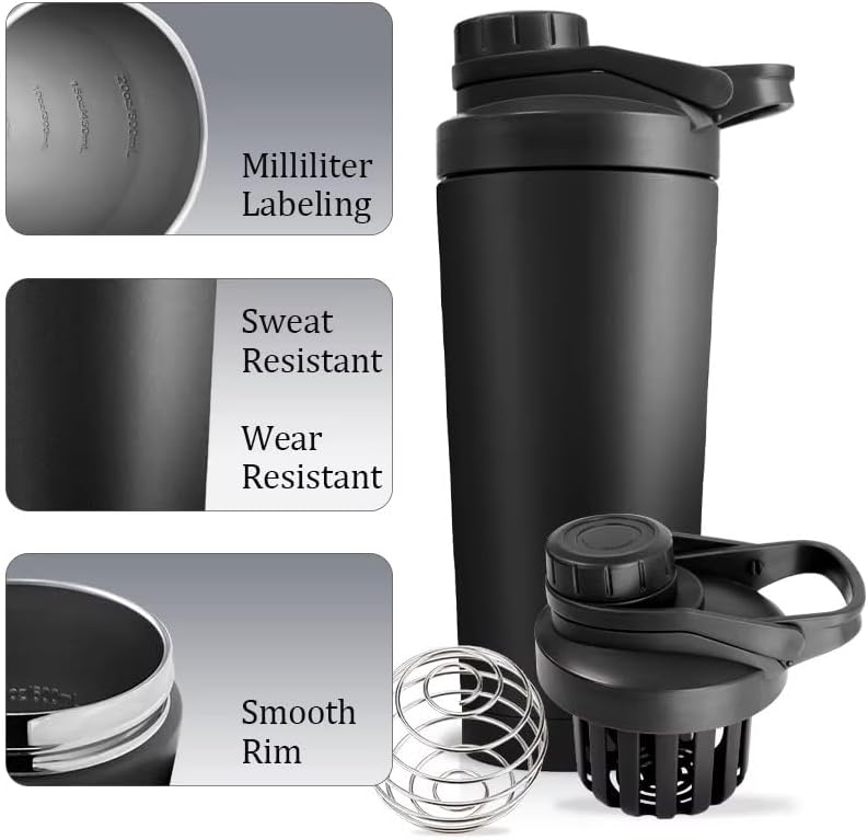 ProActive 28oz Stainless Steel Shaker - Insulated Gym Bottle with Mixing Ball & Tea Infuser | Leakproof, BPA-Free, Black