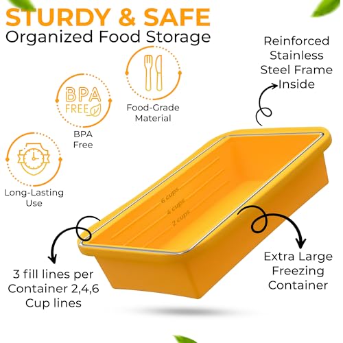 (2 Pack) Large Silicone Freezer Food Containers - 6 Cup Yellow, Reusable BPA-Free Ice Trays with Lids & Measurement Lines