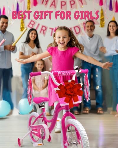 14 Inch Girls Princess Bike with Training Wheels - Pink Sparkling Design, Adjustable for Ages 3-8