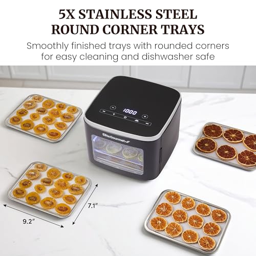 Elite Gourmet Black 5-Tray Digital Food Dehydrator with Keep Warm Function