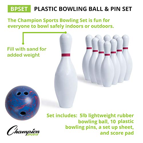 Champion Sports 10 Pin Plastic Bowling Set with Ball - White, 15-Inch