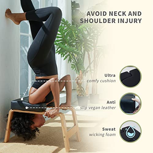 OIXXAF Yoga Headstand Bench – Wooden Inversion Stool for Beginners, Relieves Neck & Shoulder Pressure, Supports Up to 300 lbs, Black