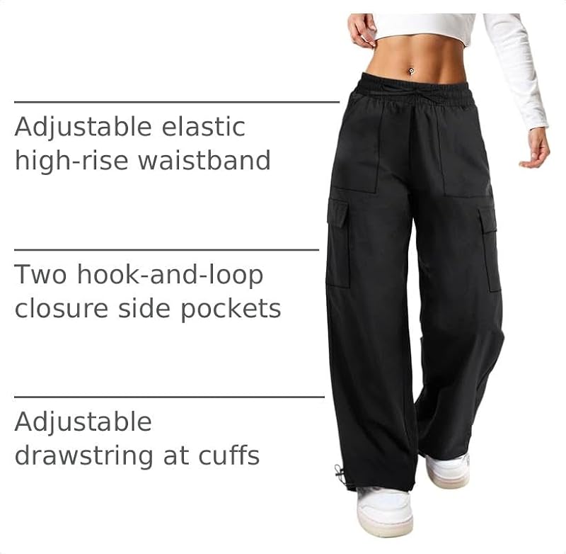 Keriffe Baggy Cargo Pants Women Parachute Hiking Wide Leg Pants Medium Black
