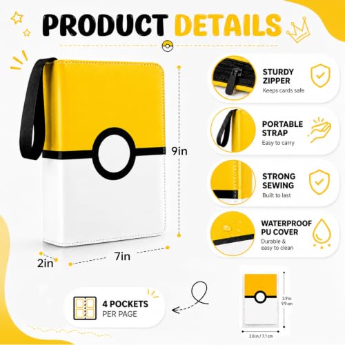 Yellow Trading Card Binder with 50 Sleeves - Portable Album with Zipper