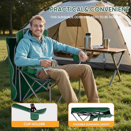 Northroad Green Folding Camping Chair with Canopy & Cup Holders Outdoor Portable Lounger