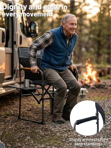 Heavy Duty Camping Chair with Side Table & Cup Holder - Black - 2 Pack