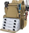 Piscifun Fishing Tackle Backpack with 2 Rod Holders, 4 Boxes & Rain Cover - Khaki