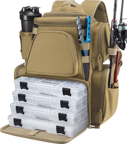 Piscifun Fishing Tackle Backpack with 2 Rod Holders, 4 Boxes & Rain Cover - Khaki