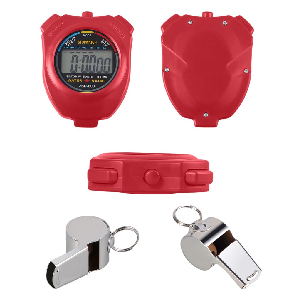 Vicloon Sport Stopwatch Timer, Professional Digital Sport Timer with Stainless Steel Whistle, Large LCD Display Suitable for Football, Basketball, Running, Swimming, Fitness and More (Red)