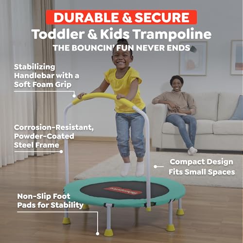 Mini Trampoline for Kids - 36 Inch Indoor Toddler Trampoline with Handlebar - Teal/White
