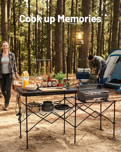 Portable Camp Kitchen Station with Steel Mesh Top & Foldable Design
