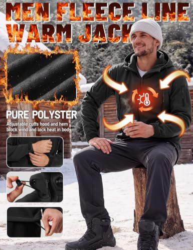 Men's Fleece Softshell Jacket Waterproof Winter Tactical Hooded - Large, Black