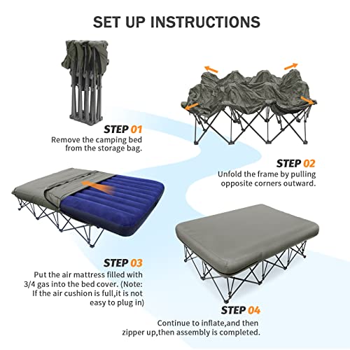 KAMPKEEPER Queen Size Camping Cot with Air Mattress - Grey, No Pump