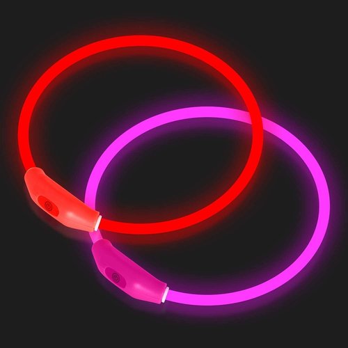 Novkin LED Dog Collar - Rechargeable Light-Up Safety Necklace for Night Walking | 2-Pack, Red & Pink