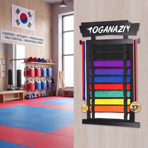 10 Belts Karate Belt Display Rack with Personalized Stickers - Black