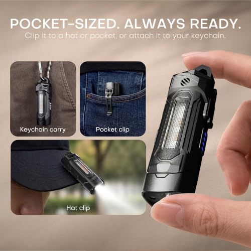 Black Rechargeable Keychain Flashlight with Magnetic Base - Compact & Multi-Function