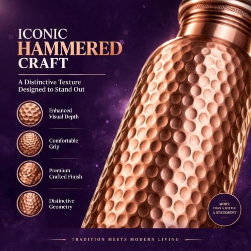 Hammer Copper Water Bottle 34 oz - Handmade Pure Copper Leak-Proof Drinking Vessel