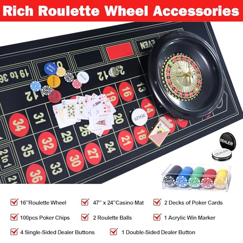 16-Inch Roulette Wheel Set with Felt Casino Mat & Poker Chips for Adults