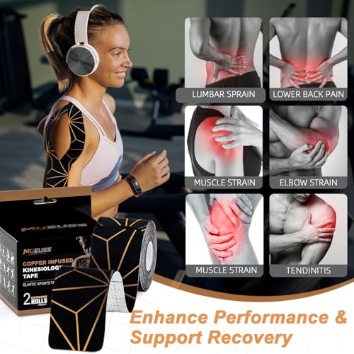 Copper Infused Kinesiology Tape - 40 Precut Water Resistant Strips for Muscle & Joint Support