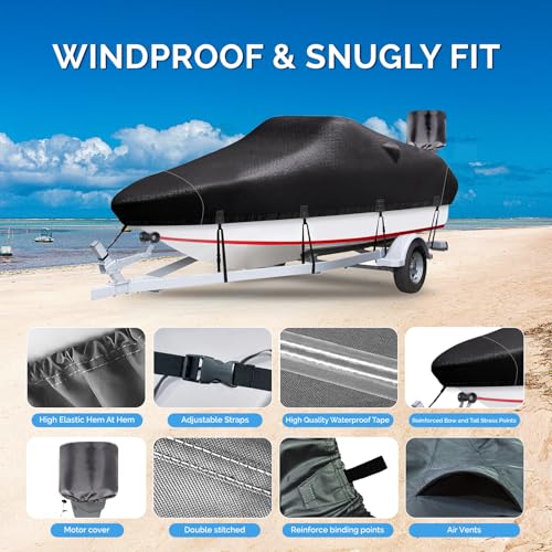 Trailerable Boat Cover 20-22ft, Heavy Duty 1200D Oxford, Black, Fit 20-22 ft Boat with Adjustable Straps