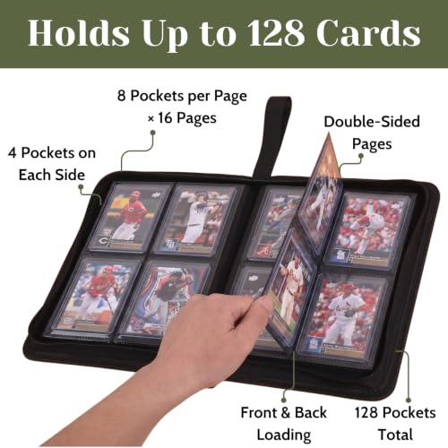 4 Pocket Card Binder Green - Waterproof Toploader Storage for 128 Rigid 3x4 Cards
