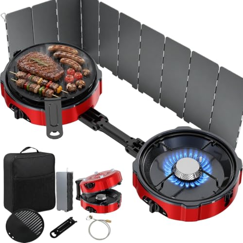 VELUVIA Light Red 2 Burner Propane Camping Stove with Windshield & Carry Bag
