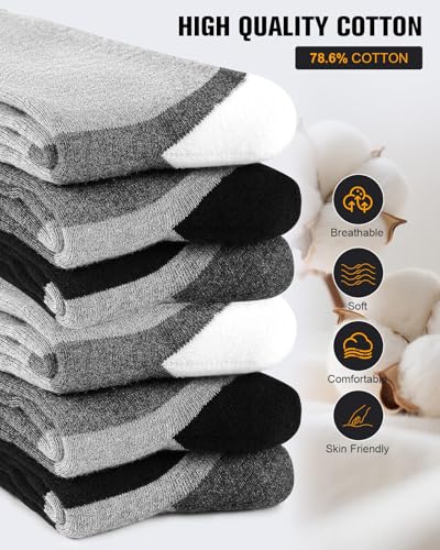 Men's Cotton Work Boot Socks 6 Pairs - Black, White, Grey, Size 9-12