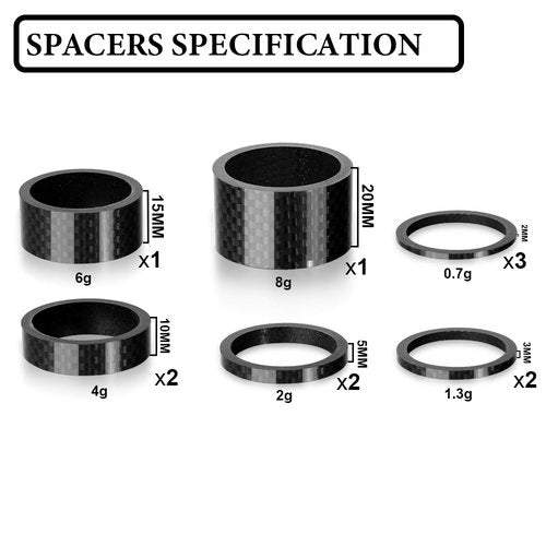 BUCKLOS Bicycle Spacers 11 Pieces Fit 28.6mm Bicycle Threadless Front Fork Stem,2 3 5 10 15 20mm Carbon Fiber Washers Shiny