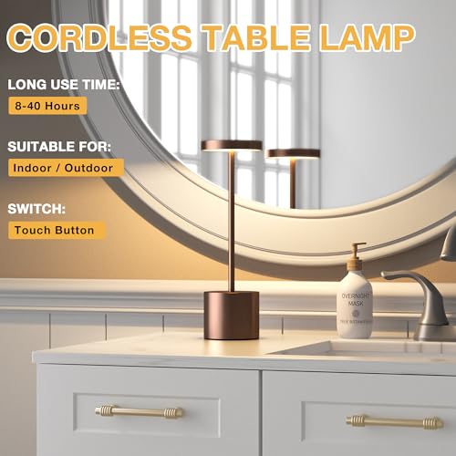 Kakanuo Brown Cordless LED Lamp Set 2 Pack, Rechargeable Touch Dimmable Table Lamps with 3 Color Temp