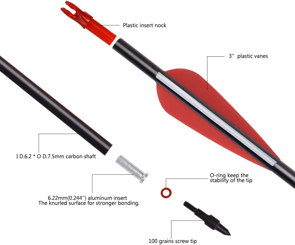 Skiennix Carbon Arrow - Hunting Target Practice Arrows with Removable Tips | 26, 28, 30 Inch, Spine 500 (6/12 PCS)