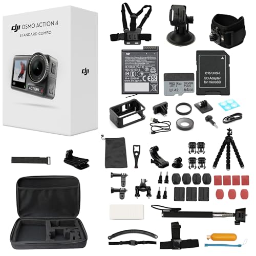 DJI Osmo Action 4 Waterproof Action Camera Bundle with 58-Piece Accessory Set, 64GB Card & Extra Battery