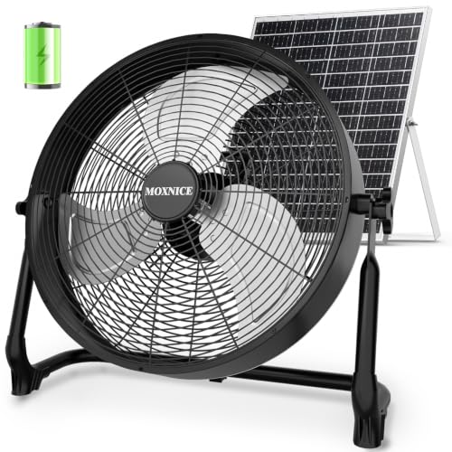 Black 18-Inch Solar Powered Fan with Metal Blades & Brushless Motor – Portable Rechargeable Floor Fan for Home, Outdoors, Camping