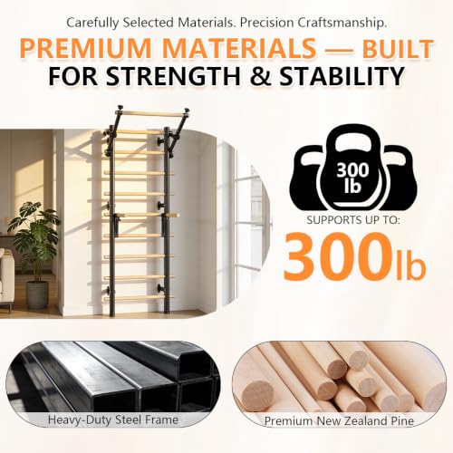 Black Swedish Ladder Stall Bars for Home Gym, 300 LBS Wall Mount with Pull-Up & Dip Station