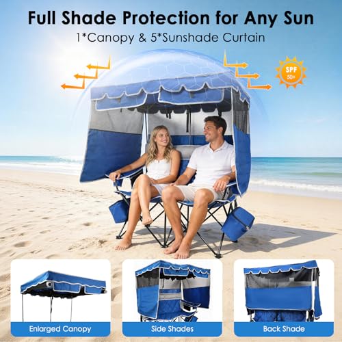 Suteck Double Camping Chair with Canopy - Blue, Foldable 660lbs Outdoor Loveseat with Shade and Coolers