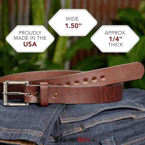 Bullhide Men's Leather Belt for Work & CCW Carry 1.50" Wide Brown 36" USA Made