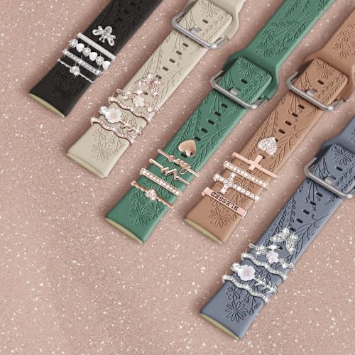 Silicone Sport Watch Band with Charms for Fitbit Versa 4/3 Sense 2 - Black + Silver Bee Charm