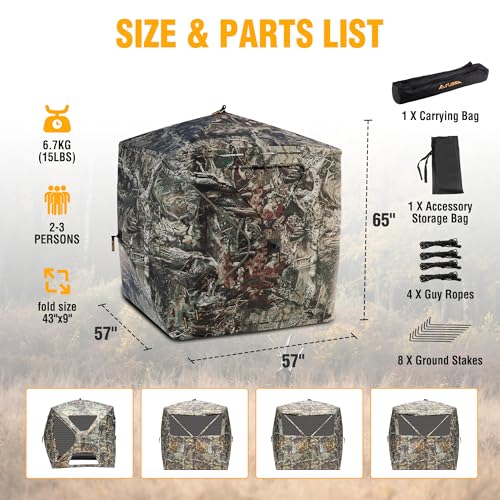 FLISSA 2-3 Person Ground Hunting Blind with 270° See-Through View, Dual Doors
