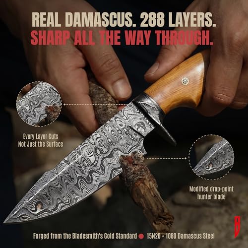 BIGCAT ROAR Damascus Olive Handcrafted Steel Fixed Blade Hunting Knife 10"