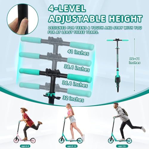Teal Kick Scooter for Kids Adults 6+ Years, 220lb Capacity, Adjustable Handlebar