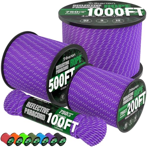 Reflective Paracord Rope 750 lb - 1000ft Heavy Duty Camping & Survival Cord - Purple