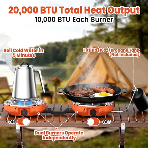Cofiyard Orange Portable 20,000 BTU Camping Stove with 2 Burners, Folding Design & Carrying Bag