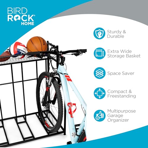 Birdrock Home 4 Bike Stand Garage Storage with Gear Basket & Hooks - Freestanding Bike Rack