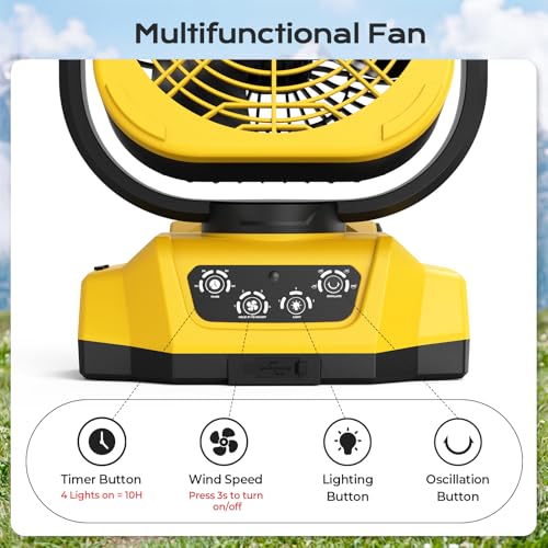 Poxsmuly Yellow Portable Dewalt 20V Max Battery Fan with USB & LED Light - 4 Speeds