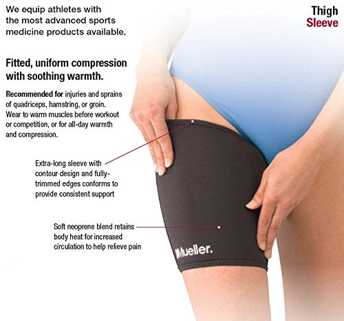 MUELLER Sports Medicine Compression Thigh Sleeve for Men and Women, Leg Pain Relief Support, Ideal for Strains, Stiffness of Quads & Hamstrings, Fits Right or Left, Black, Large