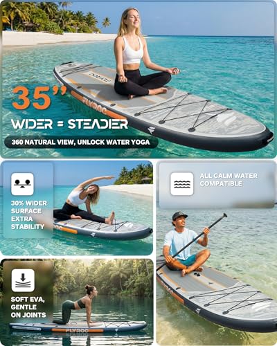 Flyroc Jungle Gray 11'6" x 35" Extra Wide Inflatable Paddle Board for All Skill Levels - 450lb Capacity with 3 Paddles, Backpack, Dry Bag