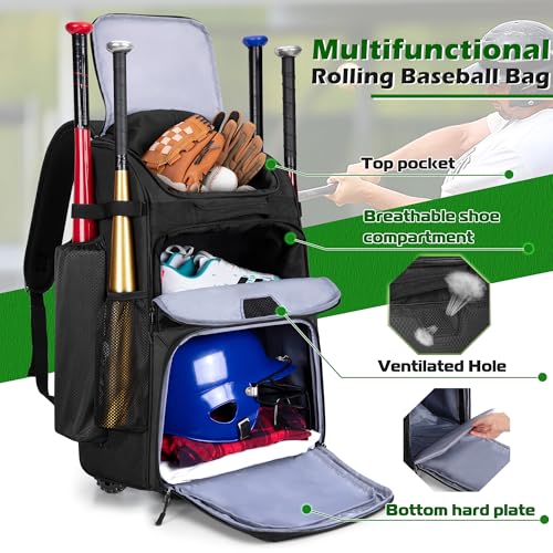 Rolling Baseball Backpack with Wheels & Multiple Compartments - Holds 4 Bats