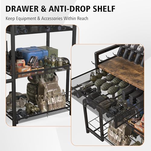 Floor Standing Gun Rack with Pistol Slots & Storage Drawer - Holds 8 Long Guns & 8 Handguns (Variation C)