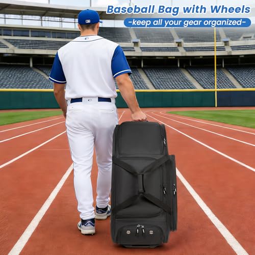 MERALIAN Black Rolling Baseball Bag with Wheels for 4 Bats and Gear