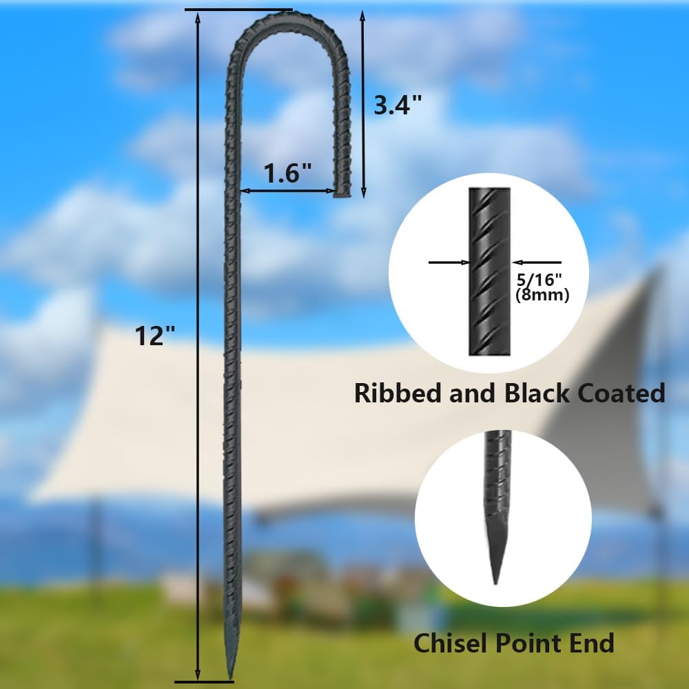 Skiennix 12-Inch J Hook Rebar Stakes - Durable Metal Ground Stakes for Tents & Fences | 16-Pack, Black